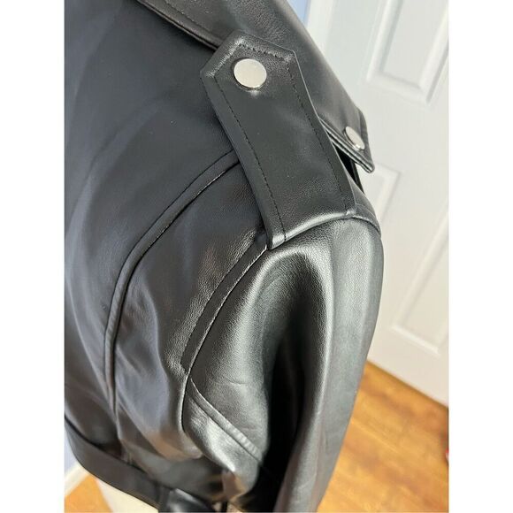 Zara US Medium Black Faux Leather Motorcycle Moto Jacket Pockets - Picture 7 of 13